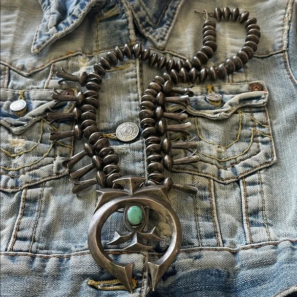 vintage Navajo Sterling Silver Naja squash, blossom Turquoise  Necklace Massive - Picture 14 of 17